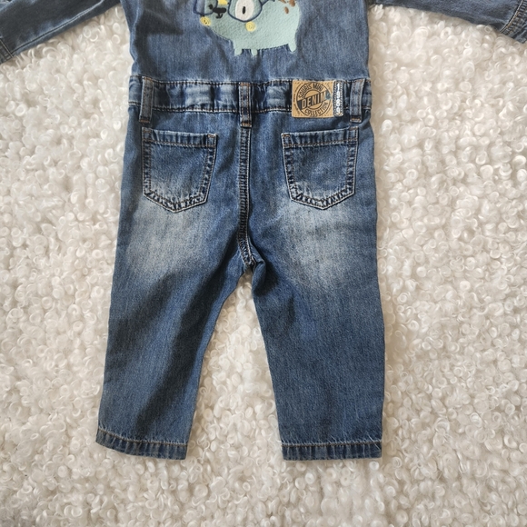 Souris Mini Denim Baby Jumpsuit 6-9M Blue Jean Overalls Romper with Dog Patch - Picture 12 of 12